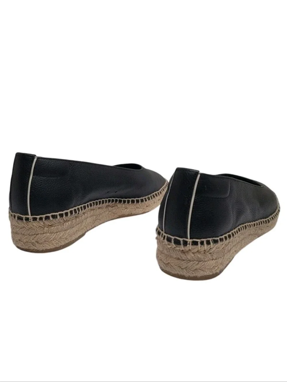 EUC EVERLANE The Espadrille Black Leather/Jute Whipstitch & Wedge Sz 7